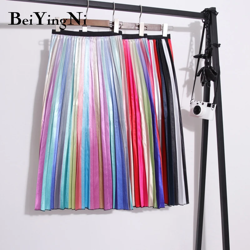 Beiyingni Cartoon Printed Skirt Women Summer Autumn High Street Pleated Midi Skirts Funny Casual European Chic Maxi Ladies | Женская