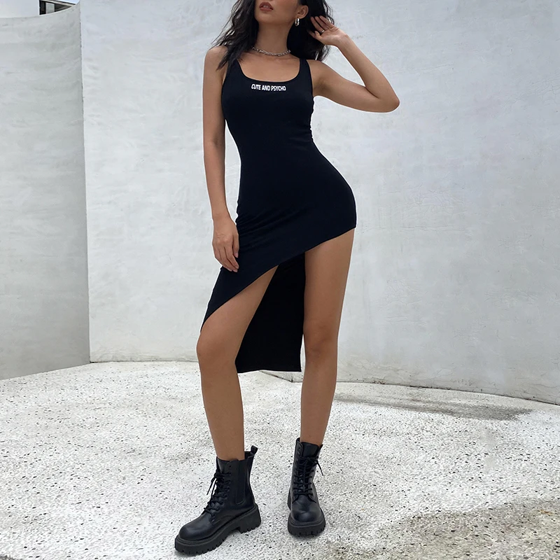 

Rockmore 2021 Summer Bodycon Mini Dress Women Sexy Y2K Asymmetry Beach Sleeveless Backless Party Dresses Clubwear Sundress Black