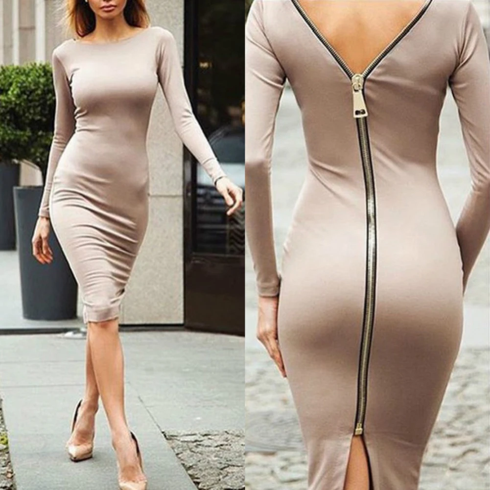 Sexy Women Solid Color Long Sleeve Backless Zipper Sliing Bodycon Banquet Dress | Женская одежда