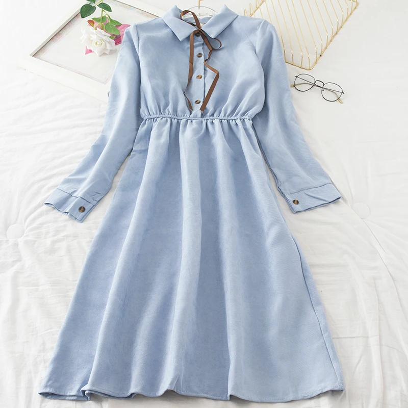 Платье женское винтажное до середины икры с высокой талией и длинным