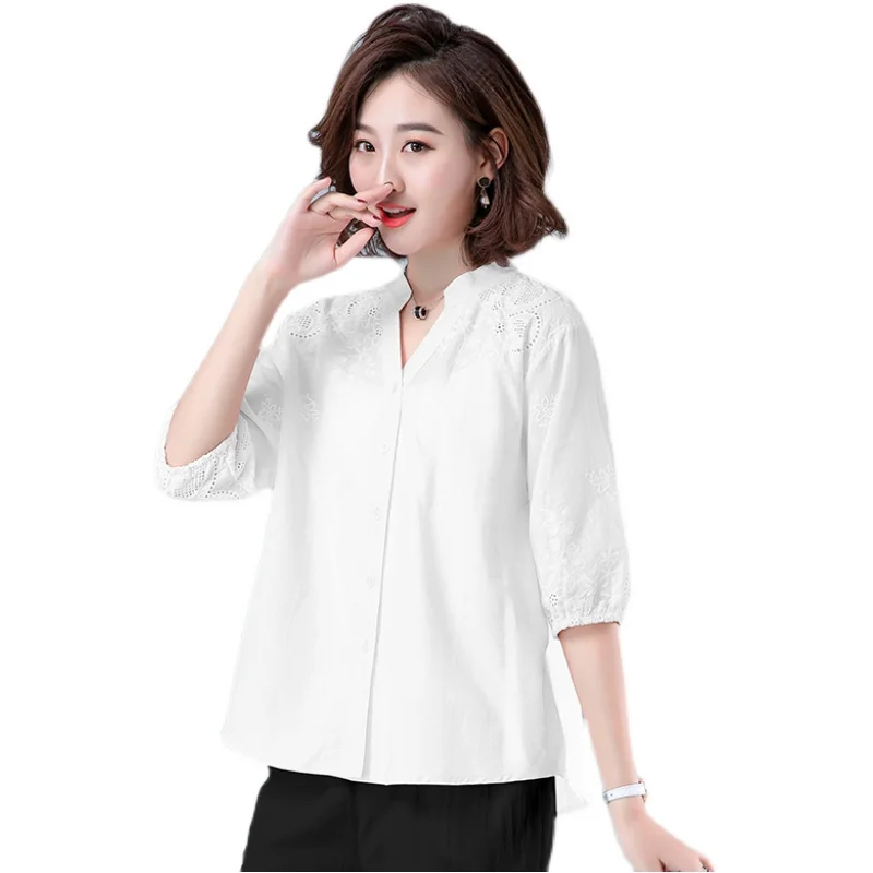 

COIGARSAM 3XL Plus Size Casual Half Sleeve Shirt Womens tops New Summer Loose Embroidery Women shirts White Pink Red Navy 6623