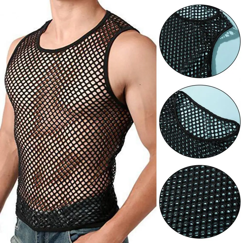 

Summer Men Sexy Vest See-through Fishnet Round Neck Sleeveless T-shirt Streetwear Men Clothing Black Vest Men New Stylish XXL