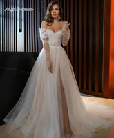 fairy long tulle wedding dress off shoulder full sleeve bridal gowns sexy side split a line boho beach vestidos de novia