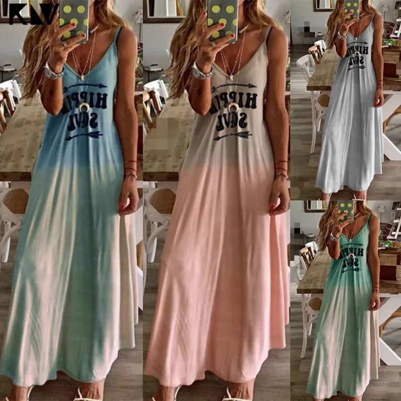 Женское пляжное платье макси без рукавов повседневное длинное Бохо С v-образным