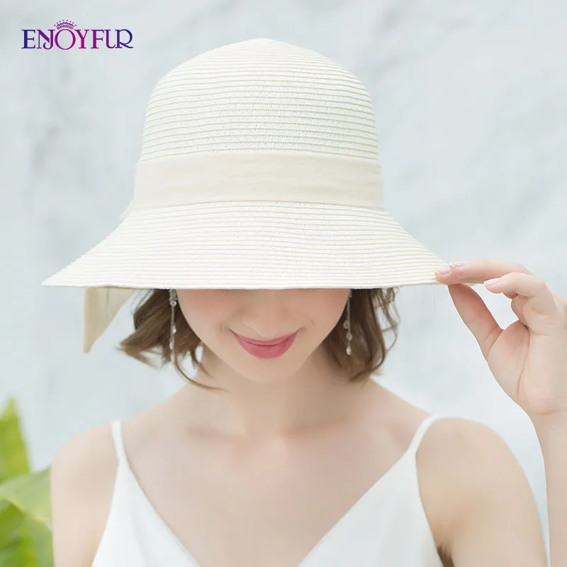 ENJOYFUR Лето Шапки для Для женщин 2018 Новое поступление ленты лук узел пляжная шляпа