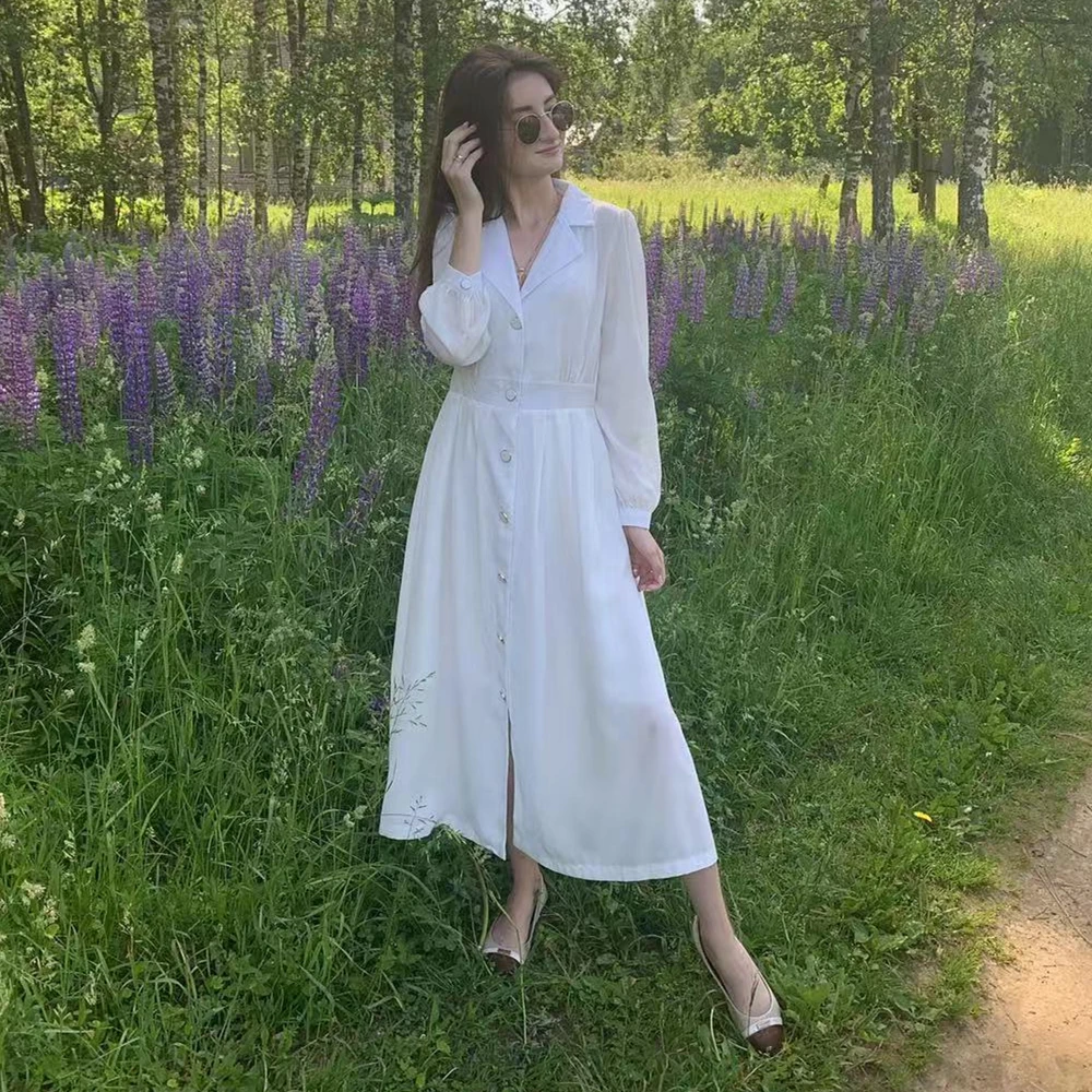 Женское винтажное длинное платье элегантное однотонное белое платье-трапеция с