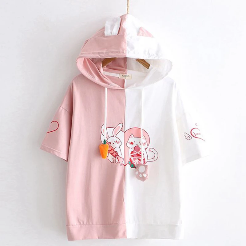 

SzBlaZe Summer Cute Cartoon Bunny T-Shirt with Cap Color Matching Rabbit Print Hooded Student Short-sleeved Tshirt Women Top