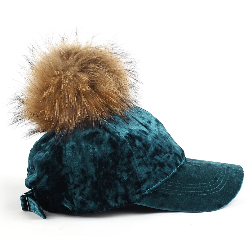 

Geebro Fashion Baseball Cap Adult casual Cotton Velvet With 15 cm Real fur pompom Hat Cap outdoor visor for Men and Women