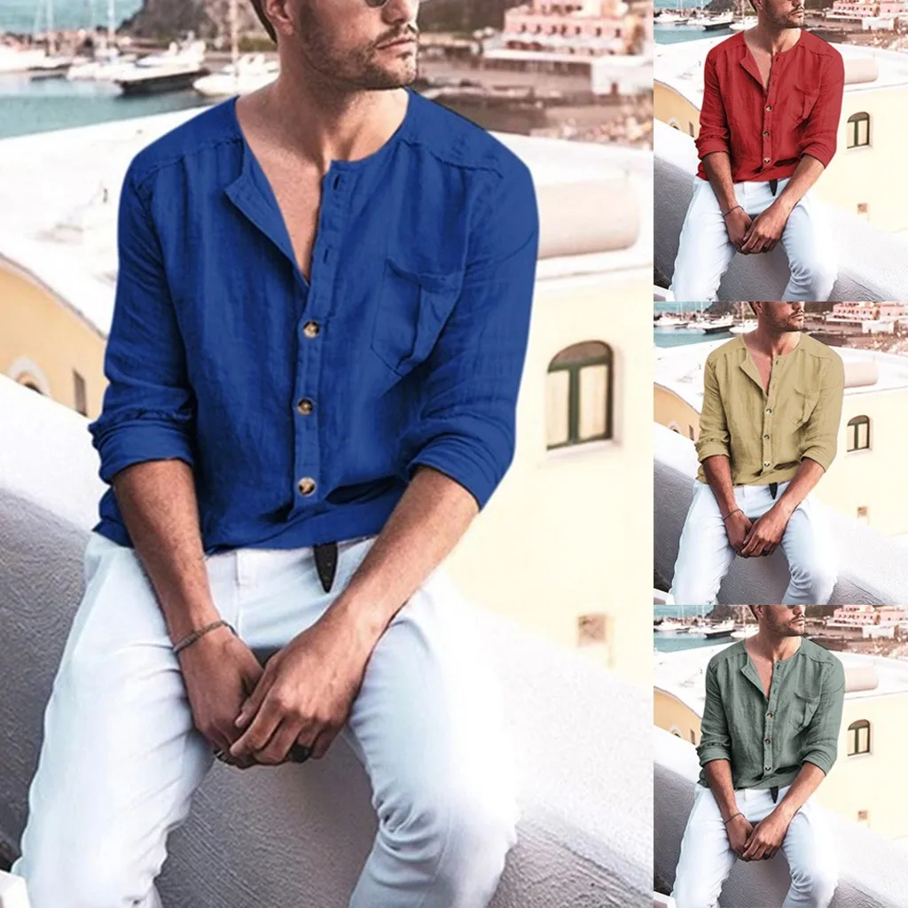 Рубашка мужская с нагрудным карманом Удобная Повседневная Свободная блузка из