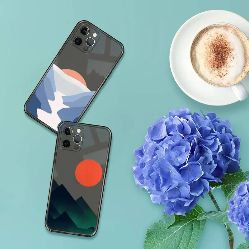 

Art painting Mountain sun print Phone Case For iPhone 7 8 11 12 X XS XR MINI Pro Max Plus Retro Black Grey clear transparent