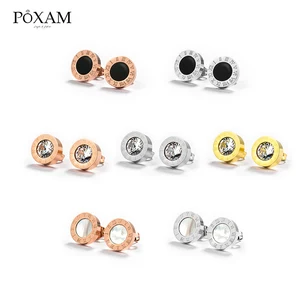 Korean Simple Statement Earrings Stainless Steel Stud Earrings for Women Vintage Roman Numeral Crystal Small Earring Jewelry