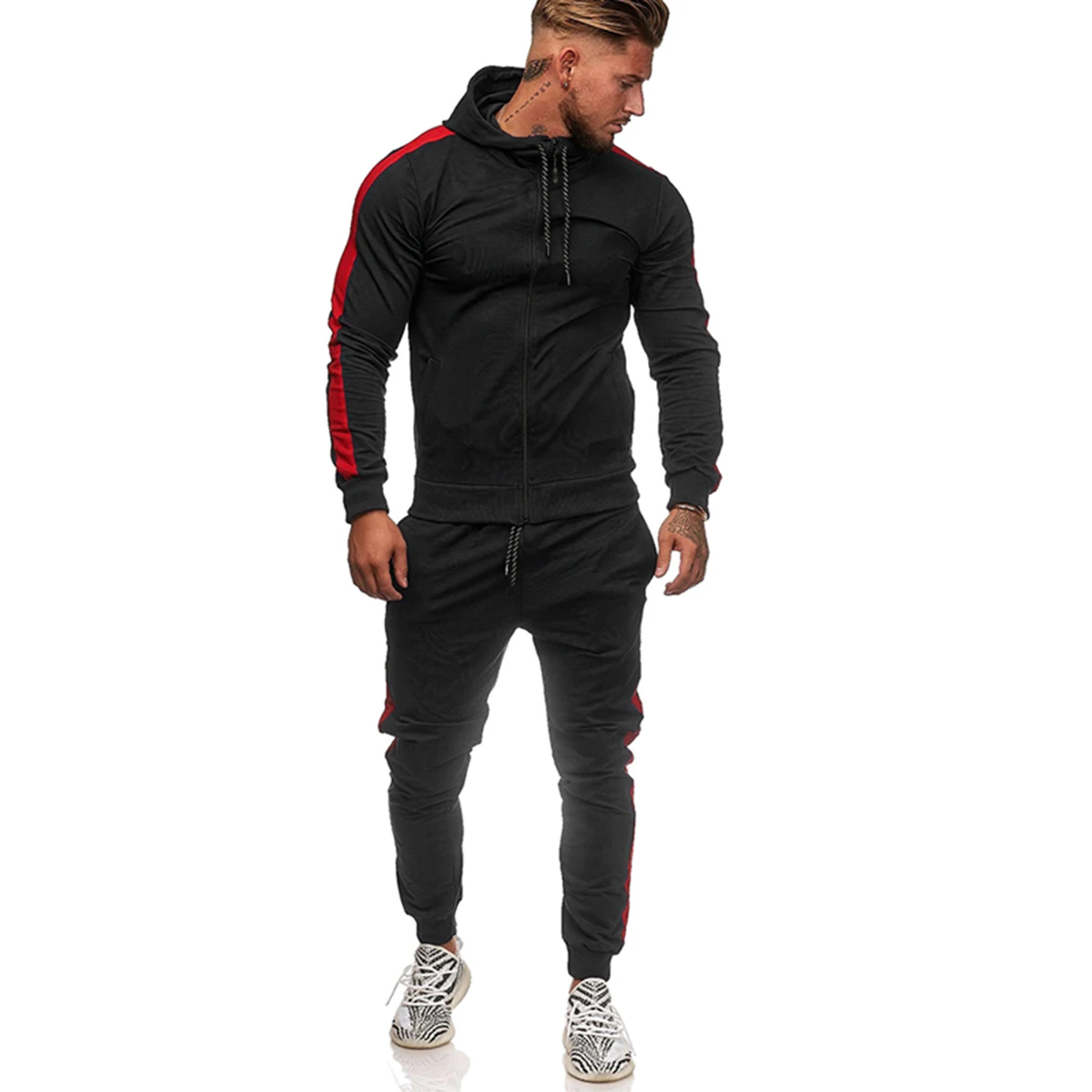 

Men Tracksuits Two Pieces Set Striped Zipper Hoodies Coats+Joggers Sweatpants Men's Outfits Sports Suits for Spring Autumn
