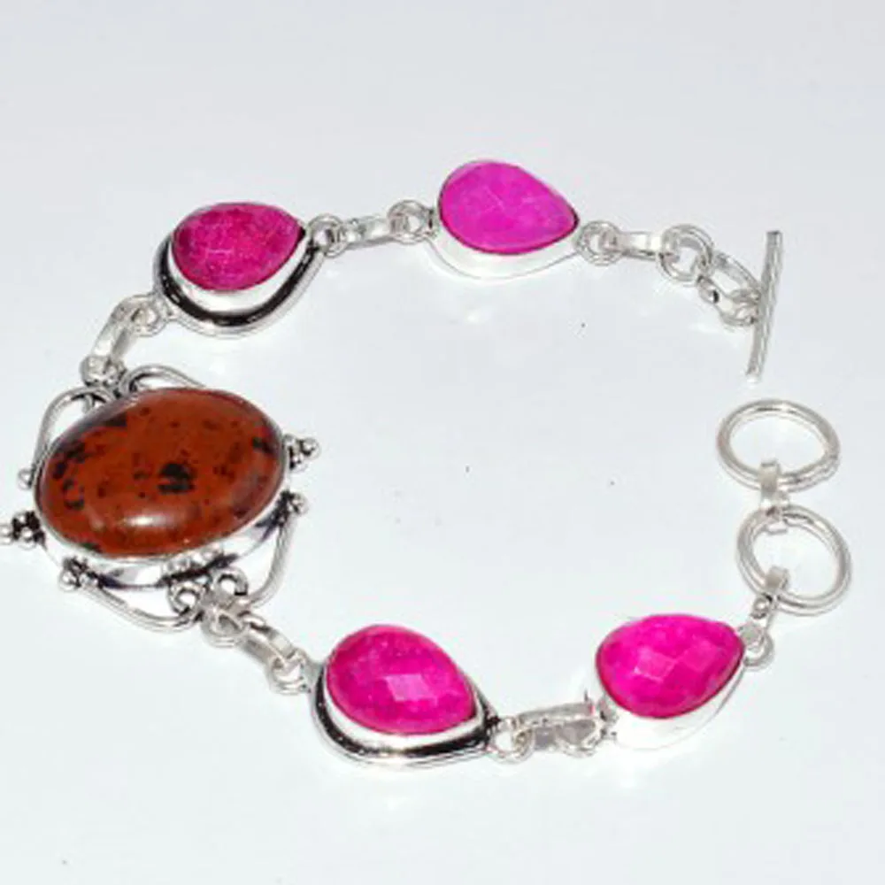 

Rubys & Mahogany Obsidian Silver Overlay on Copper Bracelet , 20.3 cm, B3415