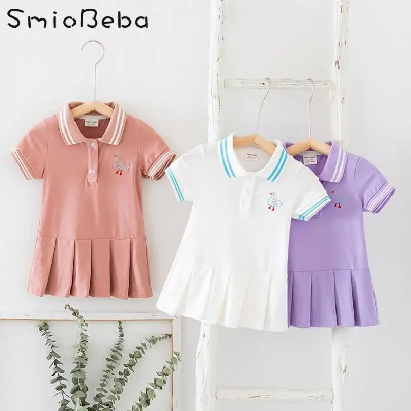 

Детские летние футболки-поло с воротником, платье для девочек с вышивкой в виде мультяшных героев детские От 1 до 6 лет юбка в корейском стиле...