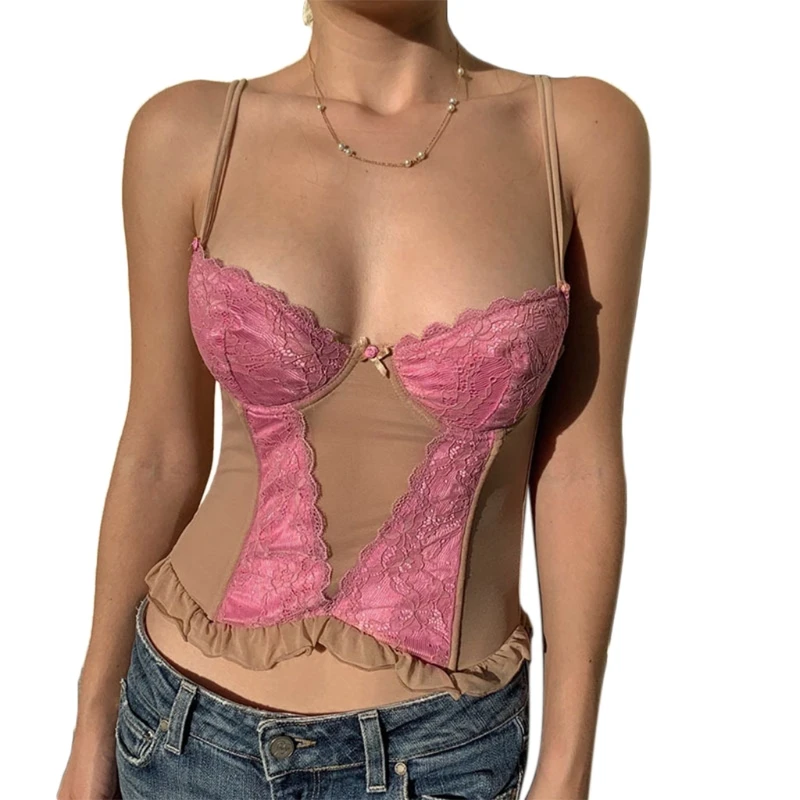 

Sexy Spaghetti Strap Sheer Mesh Crop Tank Top Women V-Neck Floral Lace Ruffles Bowknot Camisole Harajuku Sling Vest Clubwear