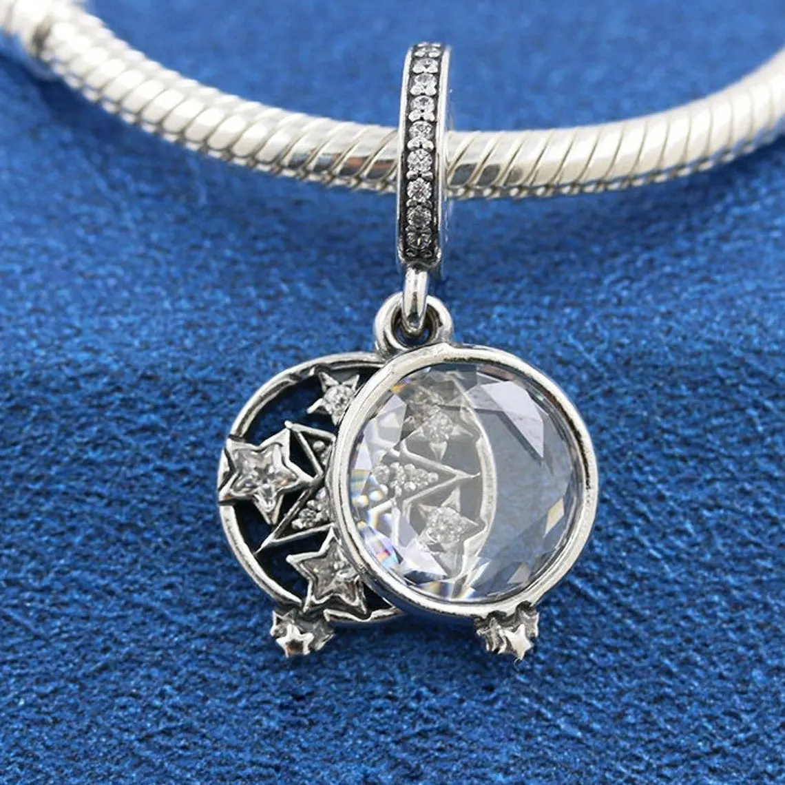 

925 Sterling Silver Magnified Star Double Dangle Charm With Cz Fits All European Pandora Jewelry Bracelets Necklaces