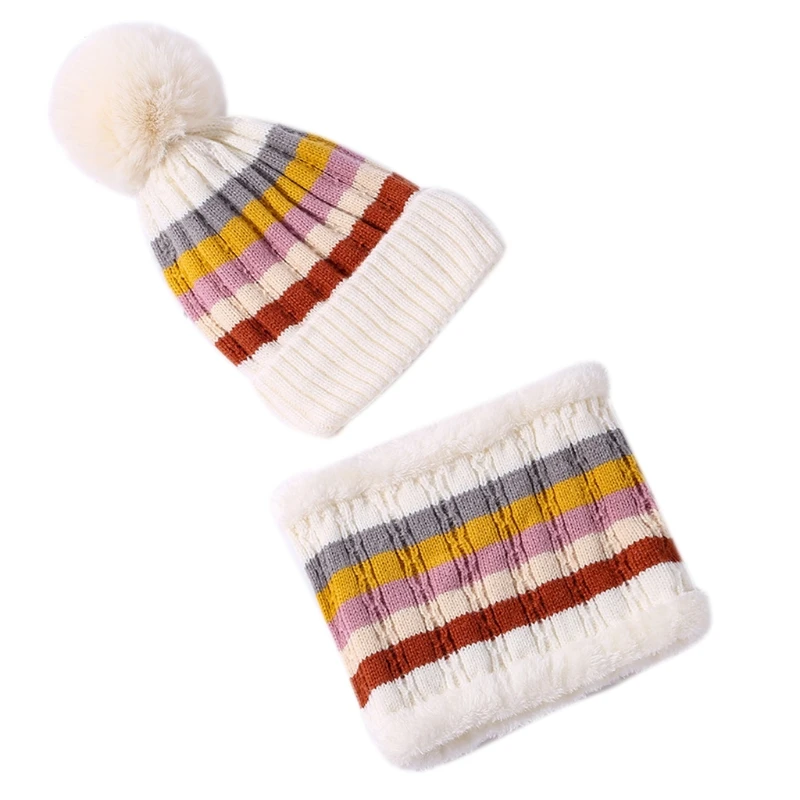 

Women Winter Knit Beanie Hat Scarf Set Thick Faux Fleece Lined Pompom Ski Skull Cap Contrast Color Striped Neck Warmer