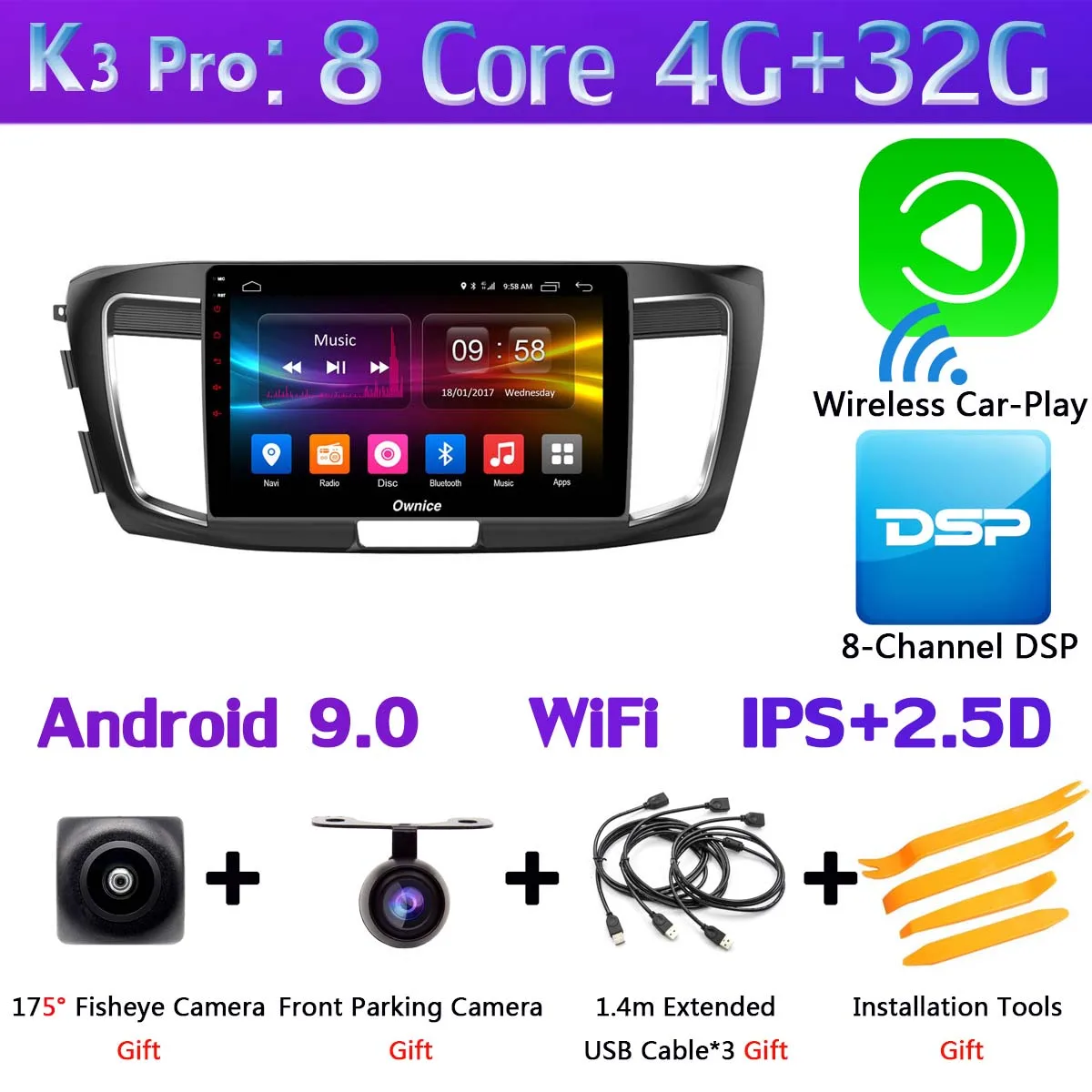 K3 Pro CarPlay 360 ° камера 4G SIM 8 ядерный Android 9,0 4G+ 64G gps радио CarPlay SPDIF DSP Автомобильный плеер для Honda Accord 9 - Цвет: K3 Pro CarPlay