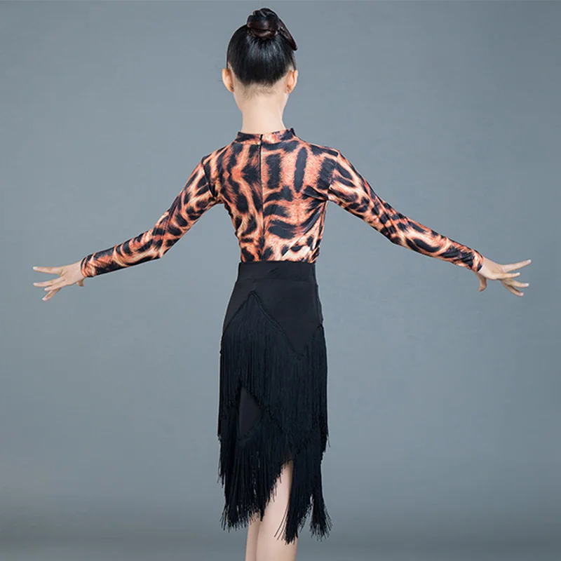 

Latin Dance Dress Girls Leopard Print Bodysuit Black Irregular Fringe Skirt Kids Costumes Rumba Cha Cha Samba Practice DN3882