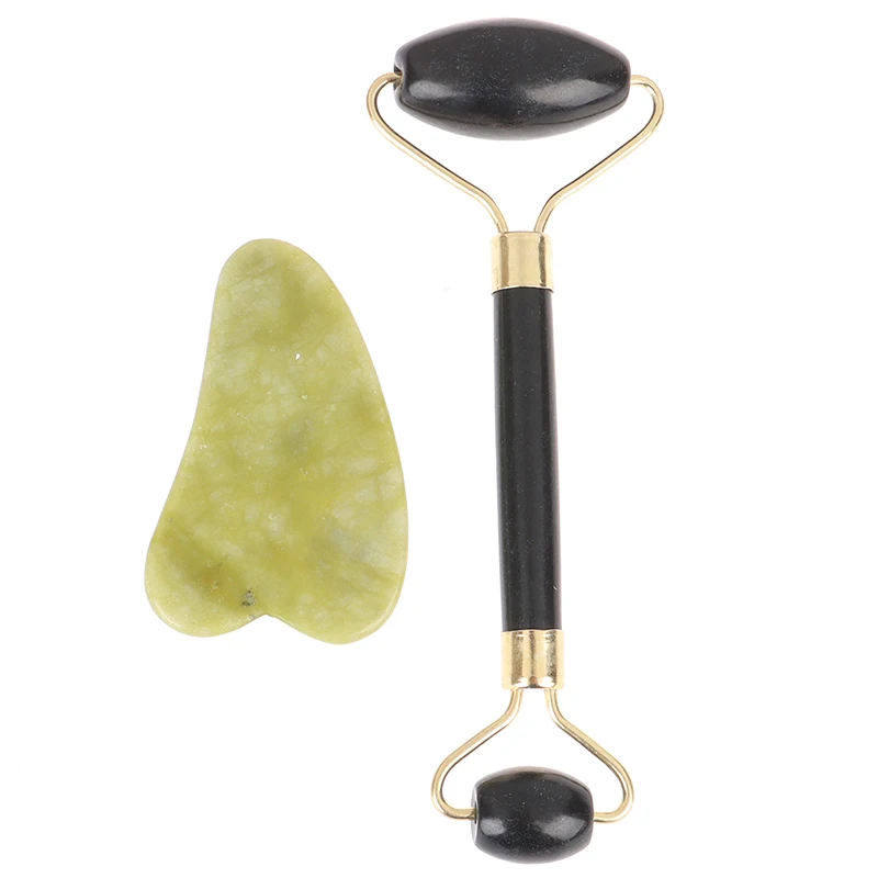 

Natural Jade Double Heads Roller and Gua Sha Massage Tools Set Natural Jade Scraper Massager for Face Neck Back and Jawline