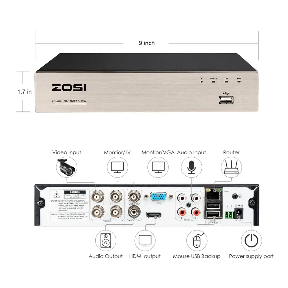 Видеорегистратор ZOSI H.265 + 1080P 4CH TVI Network DVR с датчиком движения бесплатное