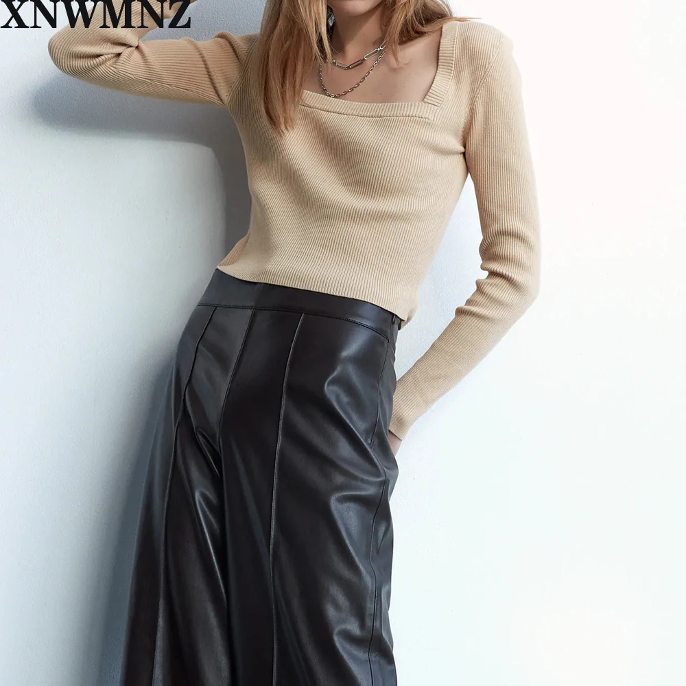 

XNWMNZ 2020 весна осень винтажный приталенный свитер с квадратным вырезом и длинными рукавами модные шикарные топы