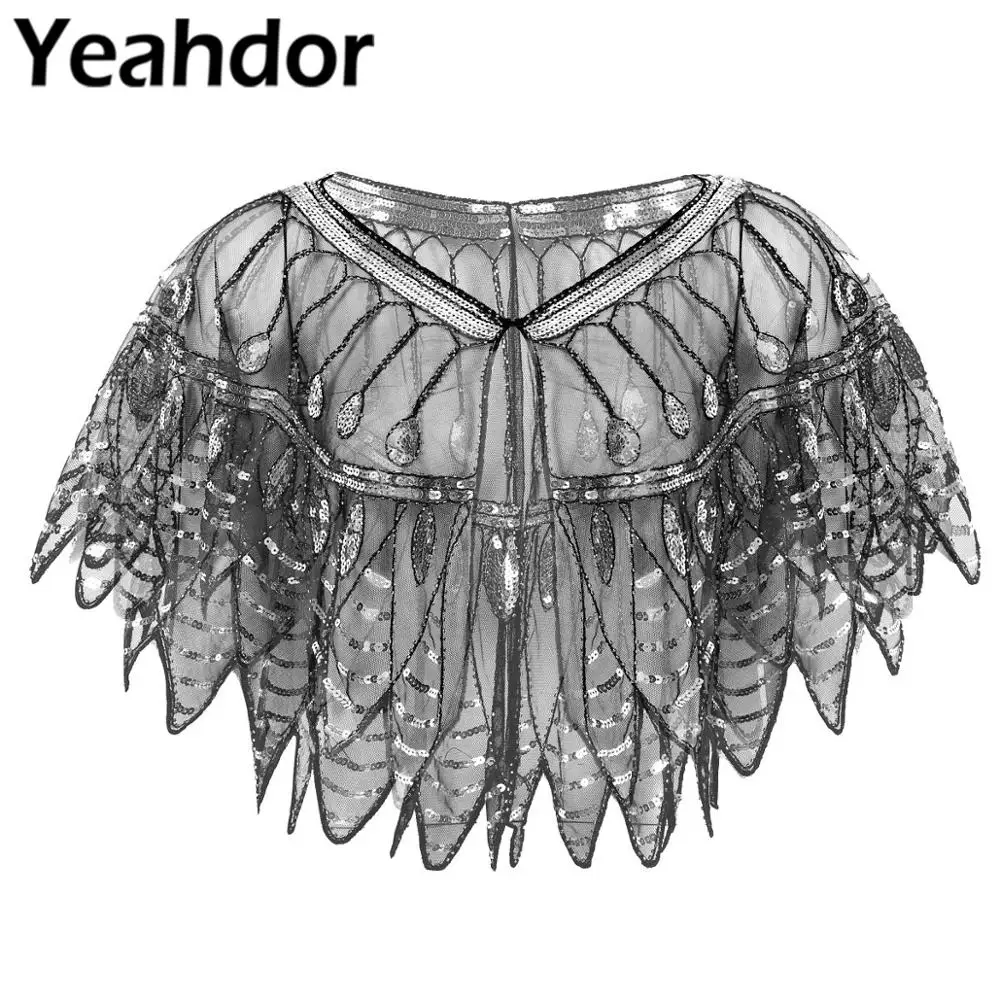 

Womens Mesh See Through 1920s Retro Bolero Sequin Beaded Evening Shawl Wraps Flapper For Woman Banquet Party Dress Cape Cover Up
