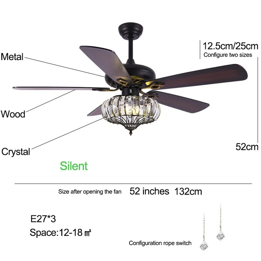 

52 inch Loft crystal ceiling fans with lights for living room ventilator lamp black wood Leaf Blade