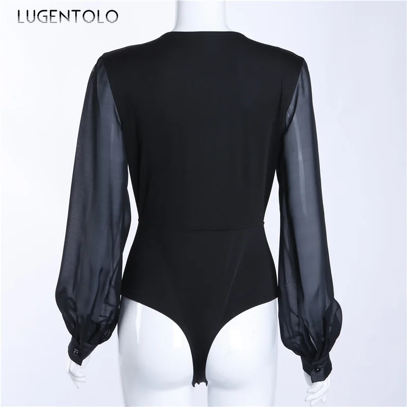 

Lugentolo Women's Sexy Bodysuit Autumn Deep V-neck Mesh Stitching New Fashion Long-Sleeved Female All-match Simple Bodysuits