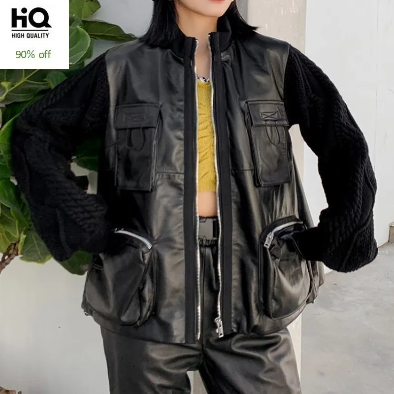 Сафари стиль овчины Вязание длинный рукав Тренч Женский Уличная дизайнерская