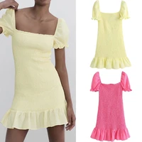 wesay jesi summer dresses for women casual yellow short sleeve dress elegant chic ruffled elastic folds textured ladies clothes