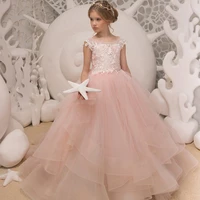 2021 princess pink flower girls dress ball gown lace appliques toddler infant pageant dresses button back for wedding party