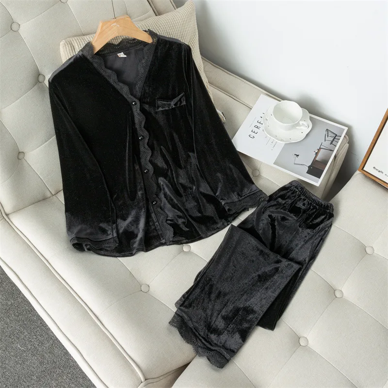 

2PCS Pajamas Suit Intimate Lingerie Long Sleeve Black Nightwear Women Velour Home Clothing Sleep Set Casual Pyjamas Sleepwear