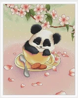 panda flower tea cup 34 40 cross stitch ecological cotton thread embroidery home decoration hanging painting gift