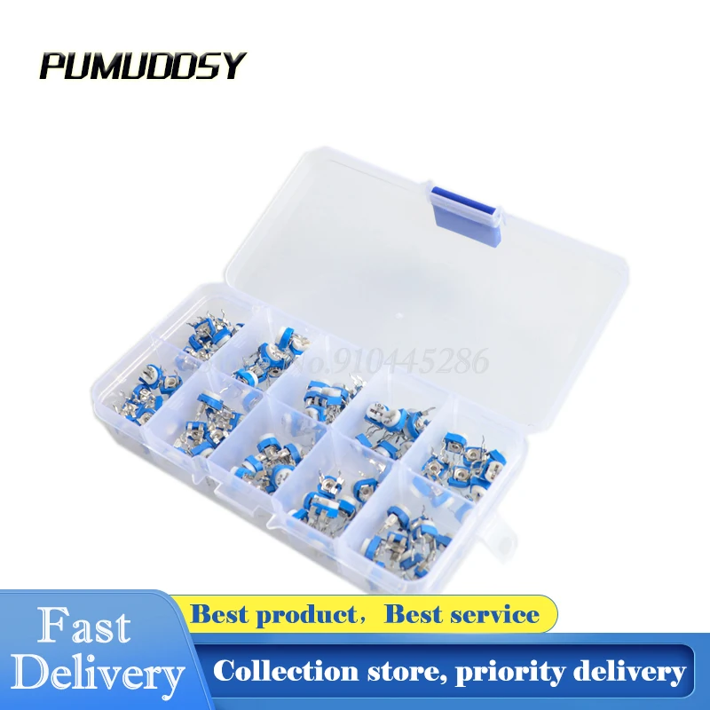 

100Pcs/Box RM065 Carbon Film Horizontal Trimpot Potentiometer Assortment Kit 10 Values Variable Resistor 500R - 1M 10pcs each