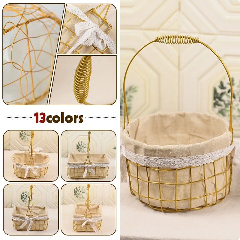 

Golden Basket Portable Metal Rattan Picnic Basket Home Flower Arrangement Bouquet Retro Wedding Wreath Decoration Storage Basket