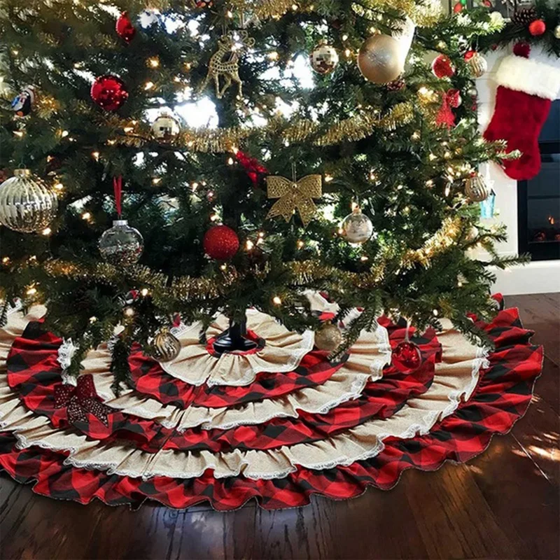 

Christmas Decorations Cake Tree Skirt Plaid Linen Christmas Tree Mat Pleated Tree Skirt