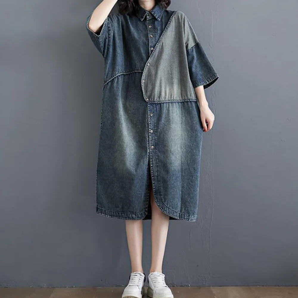 

Повседневное свободное джинсовое платье-рубашка, однотонное повседневное женское модное джинсовое платье с коротким рукавом в Корейском с...