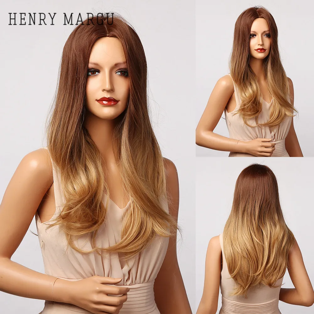 

HENRY MARGU Long Ombre Honey Brown Blonde Wavy Synthetic Wigs for Women Natural Cosplay Wigs Middle Part Hair Wig Heat Resistant
