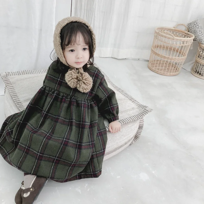 Autumn Winter cute girls fashion puff sleeve plaid long dresses baby kids wollen casual all-match princess dress | Детская одежда и