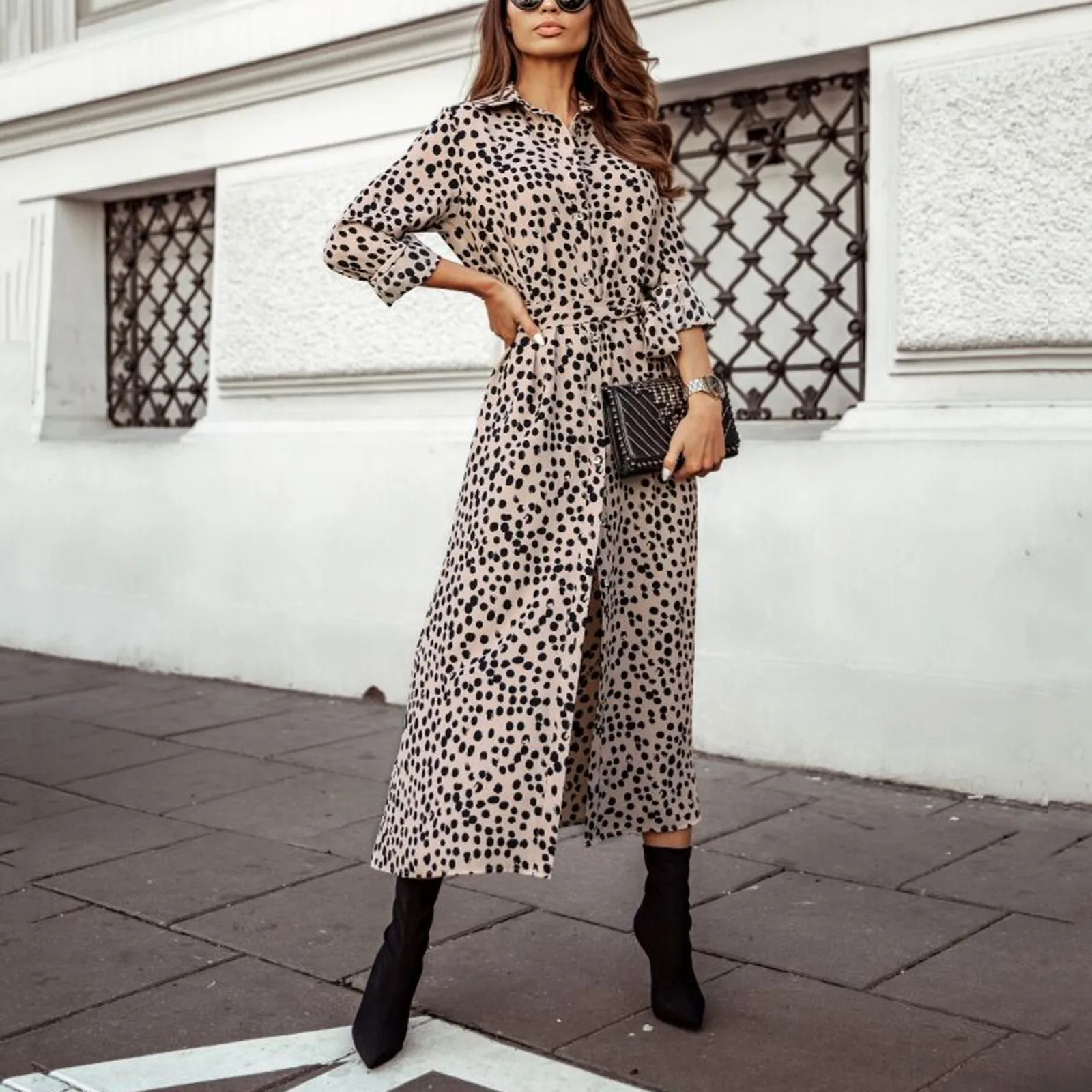 Женский Шифоновый Сарафан с леопардовым принтом длинным рукавом | Женская одежда