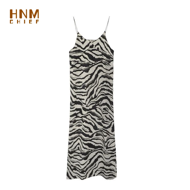 HNMCHIEF Brown underwear mid-calf length sexy women summer Zebra pattern sleeveless long night-dress satin nightgown sleepwear