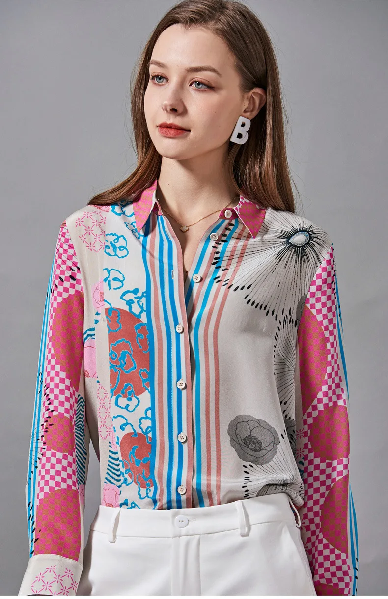 

100% Silk Women's Shirt Turn Down Collar Long Sleeves Striped Plaid High Street Fashion Blouse Tops