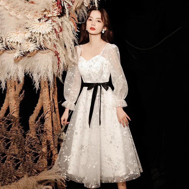 

Embroidery Appliques White Women Evening Dress Mid Length Pleated Dresses Bridesmaid Wedding Banquet Prom Gown Strapless Skirts