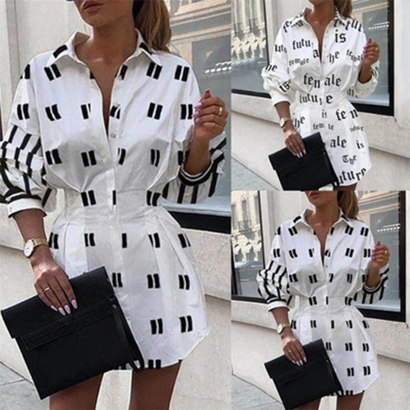 

Women's summer fashion printed waist shirt lantern sleeve shirt