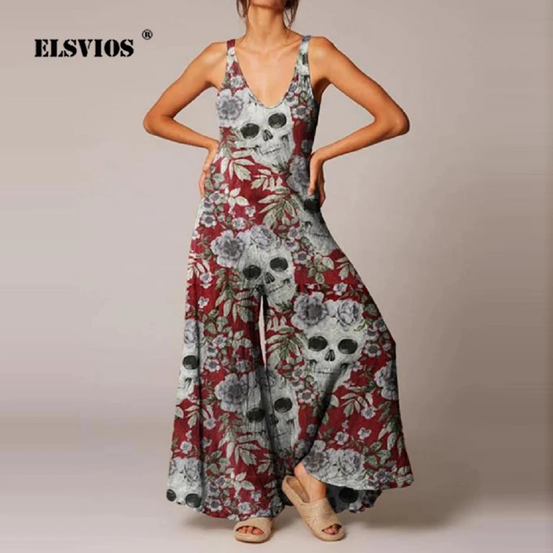 

Женский свободный комбинезон с принтом в виде черепа, летний женский комбинезон без рукавов с широкими штанинами, элегантные облегающие ко...