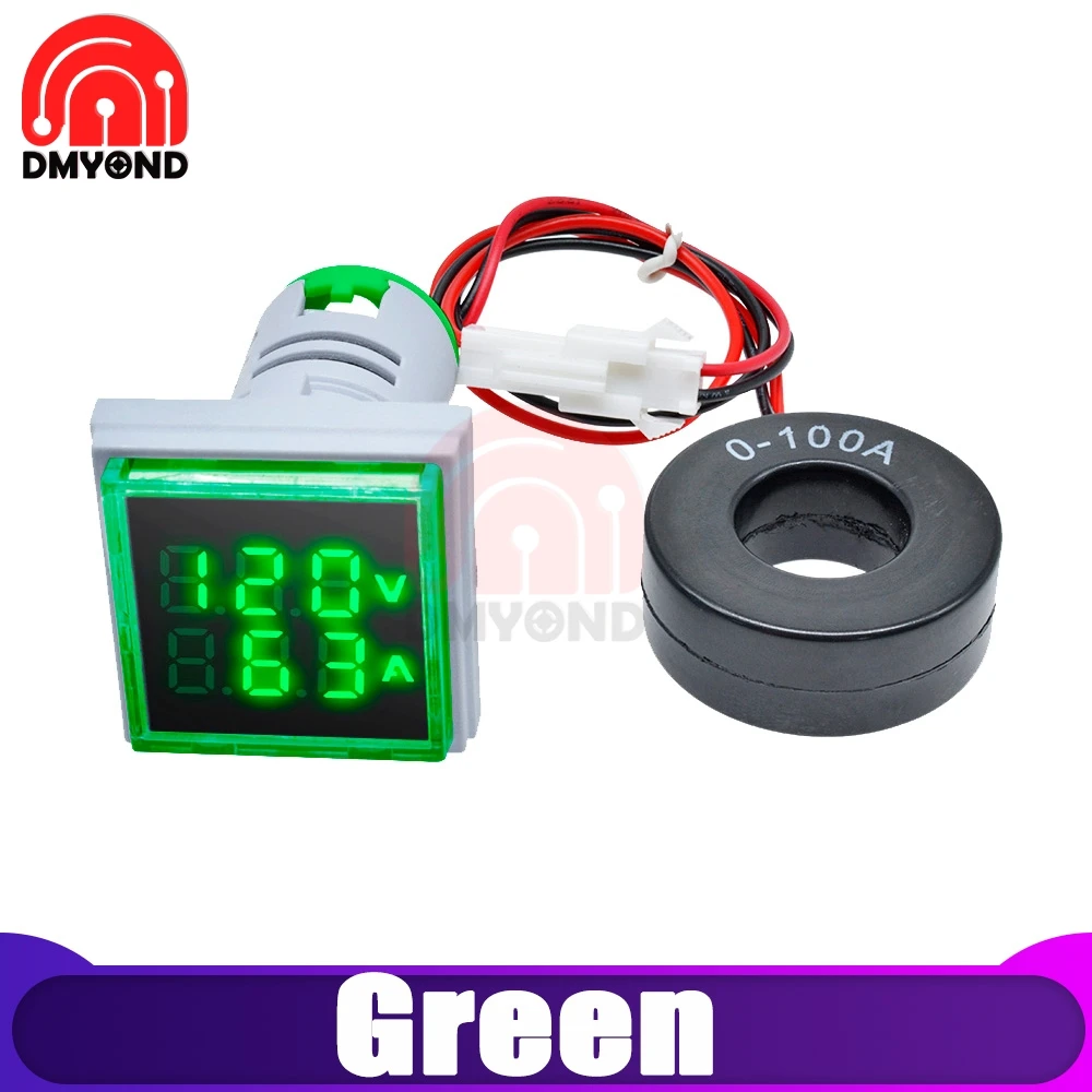 Voltammeter Green 22 мм квадратный светодиодный цифровой амперметр переменного тока 0A-100A 50 в-500 В Ампер Вольт измеритель напряжения вольтамметр индикатор пилотный светильник - Цвет: Voltammeter Green
