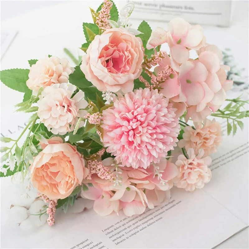

Artificial Flowers, Fake Peony Silk Hydrangea Bouquet Decor Plastic Carnations Realistic Flower Arrangements Wedding Decoration