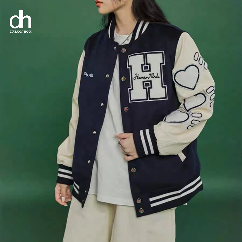 

DH Women Letter Embroidery Baseball Jacket 2021 New Unisex Varsity Hiphop Streetwear Coats Ins Vintage Harajuku Bomber Jackets