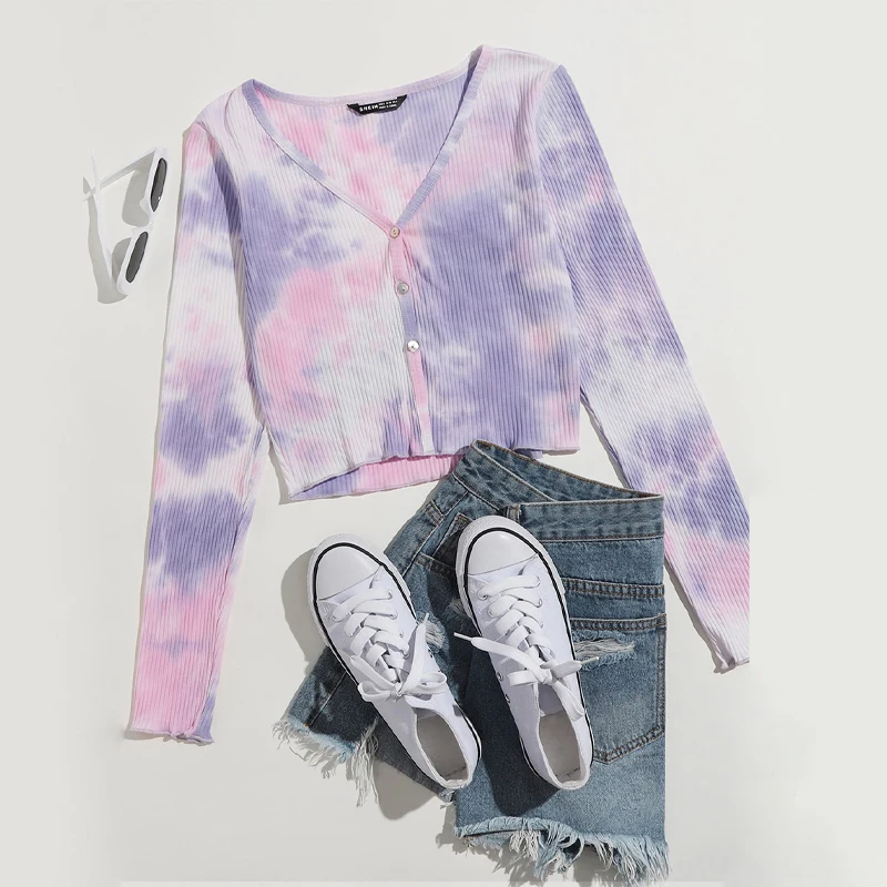 

Women Tie Dye Slim Sexy Short Blouse V Neck Single Button Long Sleeve All Match Casual Tops 2021 Spring New Women Party Tops